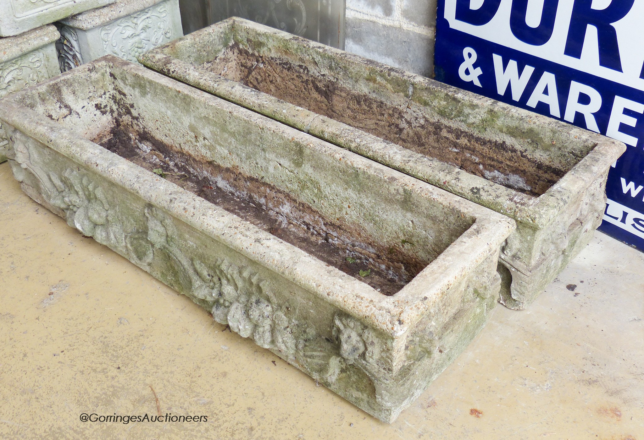 A pair of rectangular reconstituted stone garden planters. W-92, H-22cm.